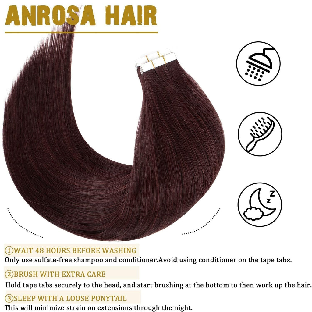22 Inch Red Wine Burgundy Tape-In Hair Extensions - 20 Pieces, 50G