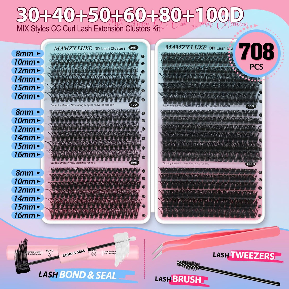 Lash Clusters Kit 708pcs Wispy Eyelash Extensions 10-16mm with Glue & Tweezers