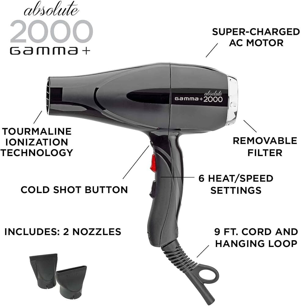 Professional 2000W Hair Dryer with Tourmaline Ionic Technology - Black