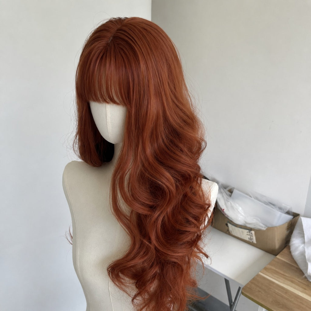 Red Long Wavy Synthetic Hair Wig with Bangs - Heat Resistant Dress Up Hairpiece