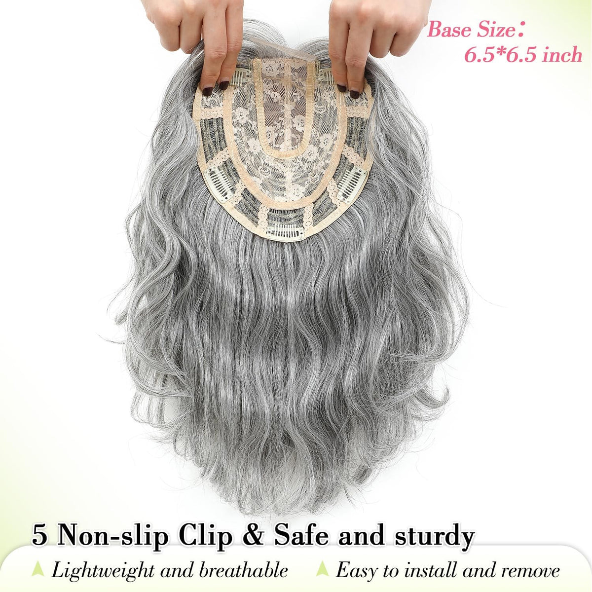 11-Inch Short Wavy Hair Topper for Thinning Hair with Clip-In Base - Natural Synthetic, Silver Grey
