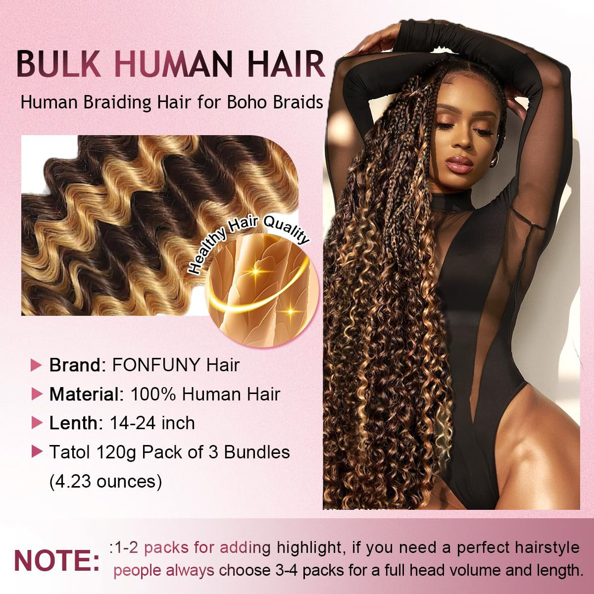Human Braiding Hair for Boho Braids 20 Inch 120G Highlight Balayage Deep Wave