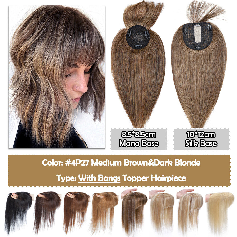 Human Hair Topper with Bangs Clip-In Remy Hairpiece for Thinning Hair
