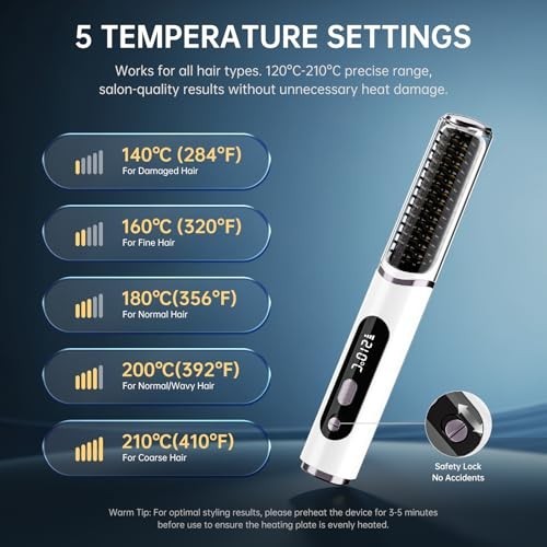 Cordless Ionic Hair Straightener Brush - Travel Flat Iron with Fast Heating