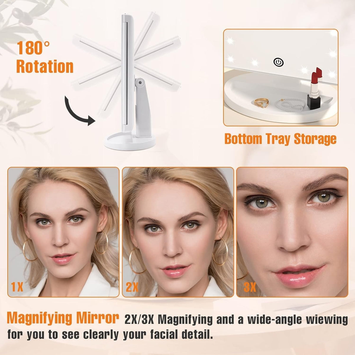 Tri-Fold Lighted Makeup Mirror with LED Lights and Touch Dimming