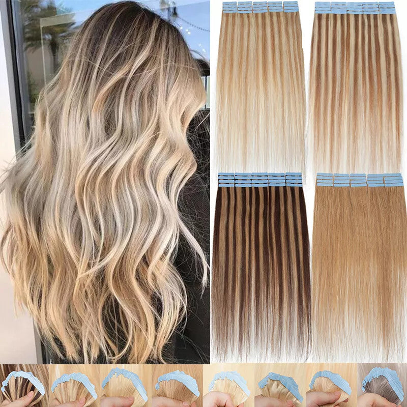 Human Hair Tape-In Extensions - Thick 150g Ombre & Natural Colors, Multiple Lengths