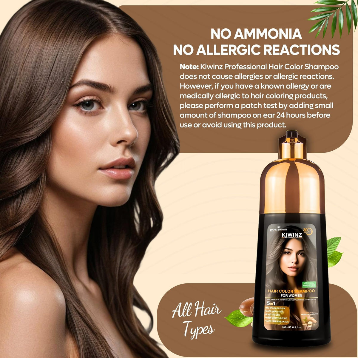 Dark Brown Hair Color Shampoo 5 in 1 Gray Hair Dye - Long Lasting, Ammonia-Free