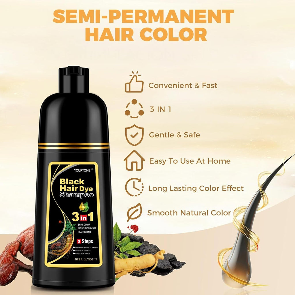 Black Hair Dye Shampoo 3-in-1 for Gray Coverage, Hair Color & Conditioner