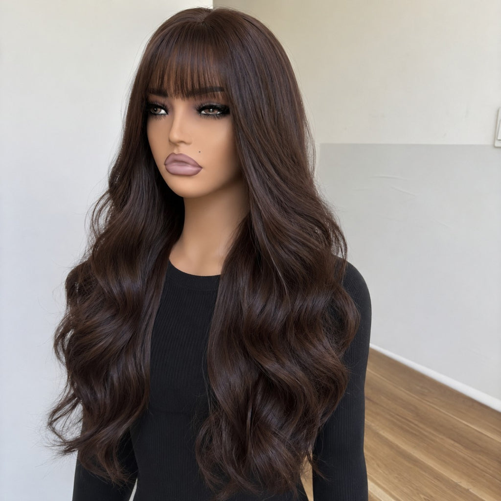 Dark Brown Long Wavy Heat-Resistant Cosplay Wig with Bangs