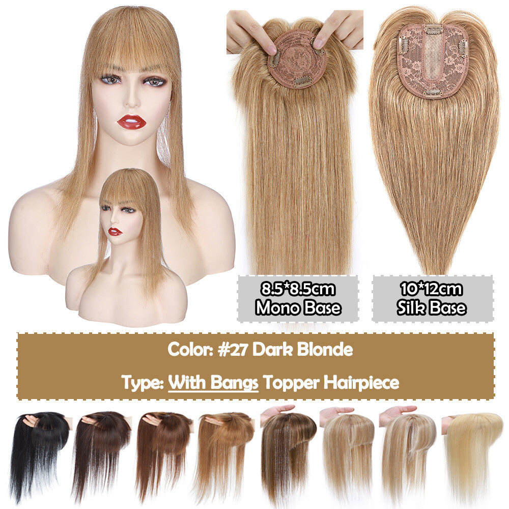 Human Hair Topper with Bangs Clip-In Remy Hairpiece for Thinning Hair