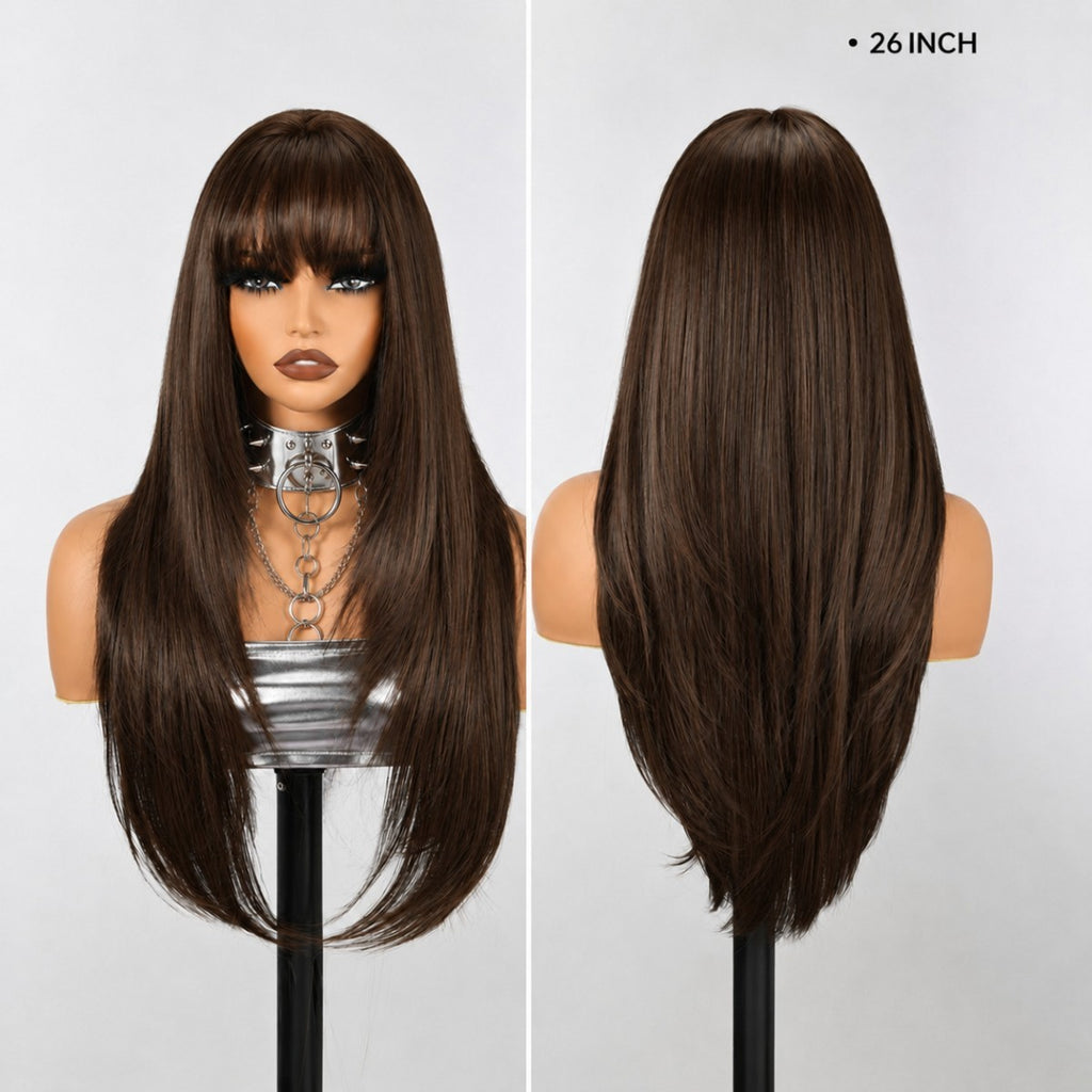 Long Straight Synthetic Halloween Wig with Bangs - Choc Brown Cosplay Party Hair