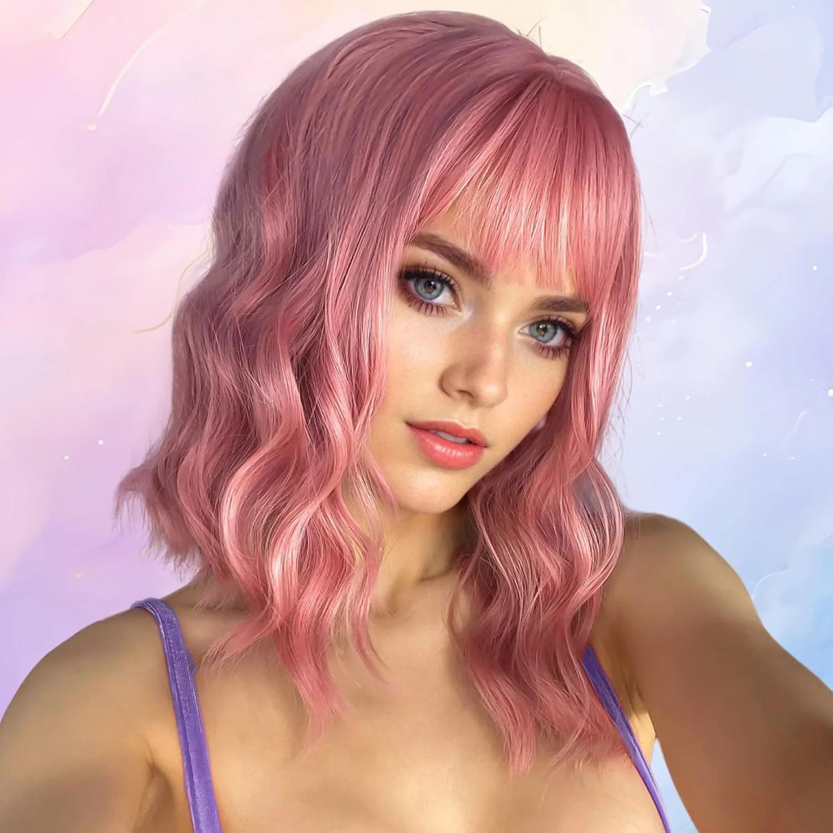 Pink Wavy Bob Wig with Air Bang - 14 Inch Curly Synthetic Hair for Women