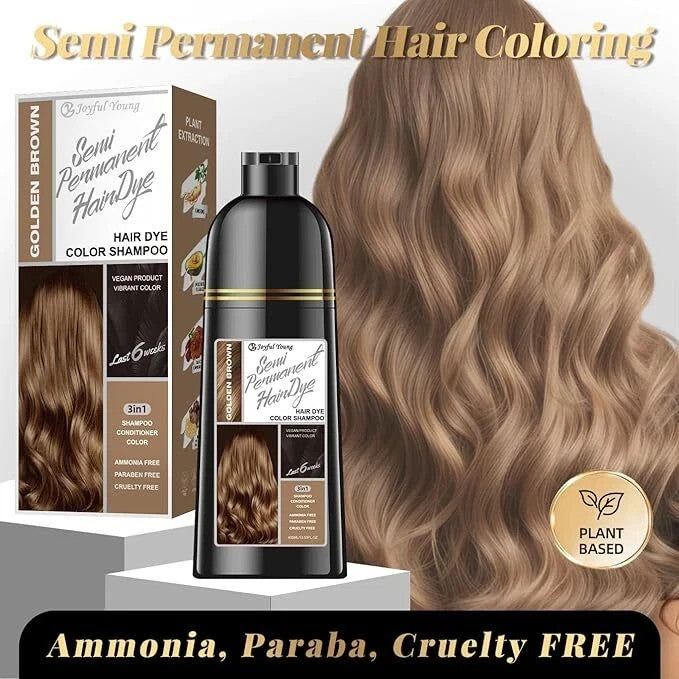 Golden Brown 3-in-1 Hair Dye Shampoo for Gray Coverage - Ammonia-Free, Fast Color