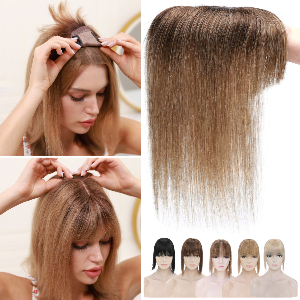 Human Hair Topper with Bangs Clip-In Remy Hairpiece for Thinning Hair