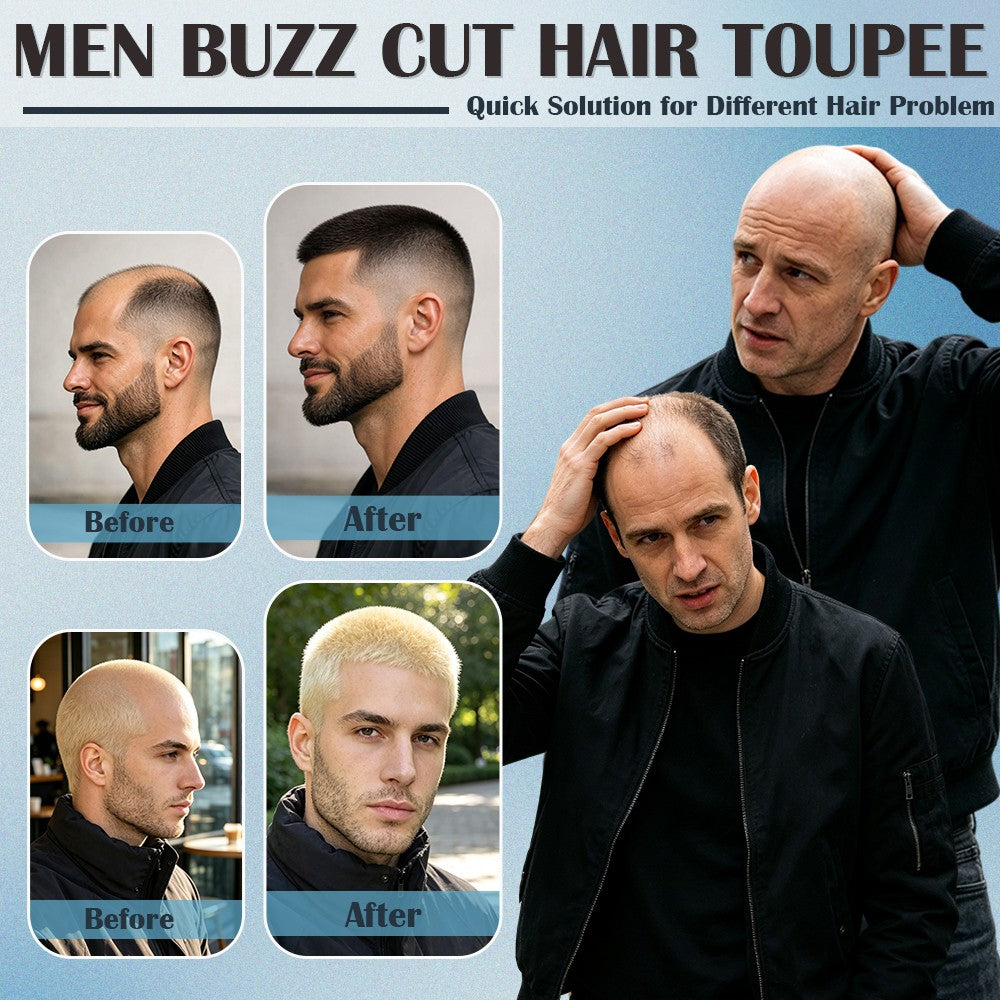 Men's Short Buzz Cut Toupee with Thin PU Skin Base - 100% Human Hair System