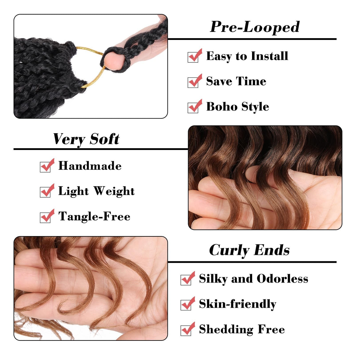10 Inch Pre Loop Curly Crochet Hair 8 Pack Boho Ocean Wave Synthetic Extensions