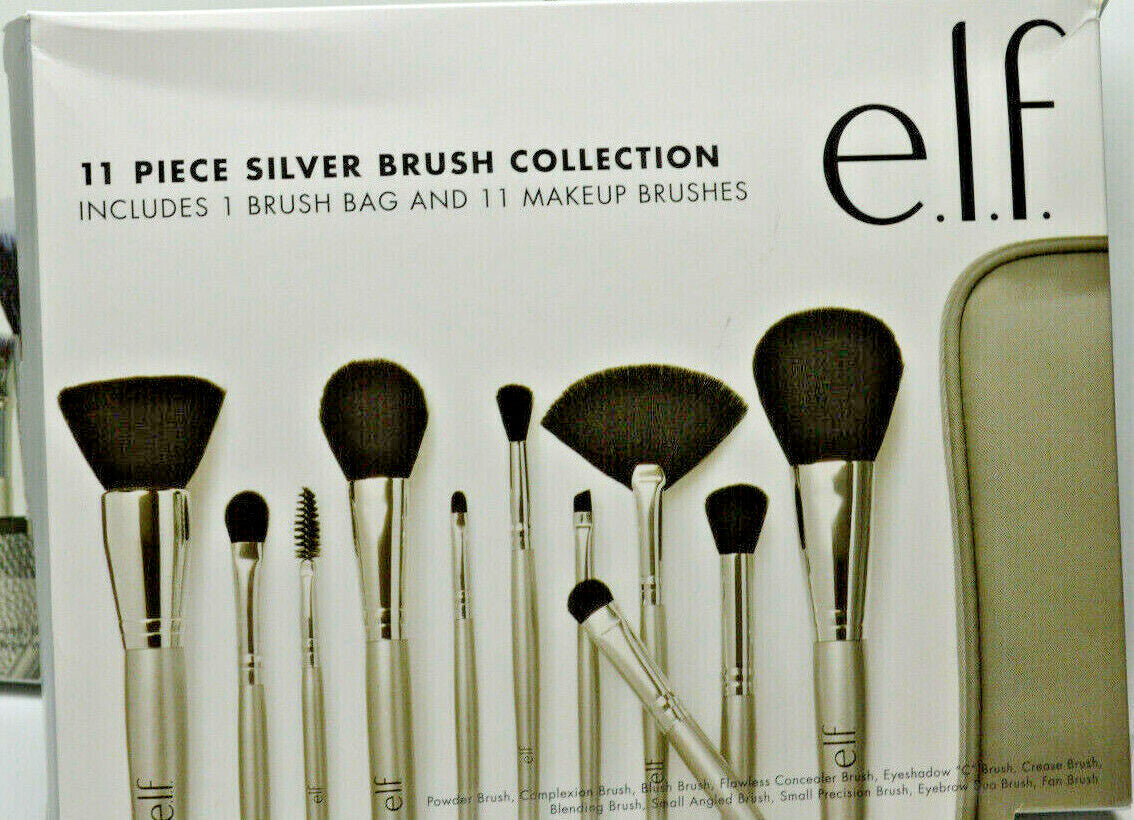 Elf 11 Piece Silver Makeup Brush Set with Brush Bag – Synthetic Hair