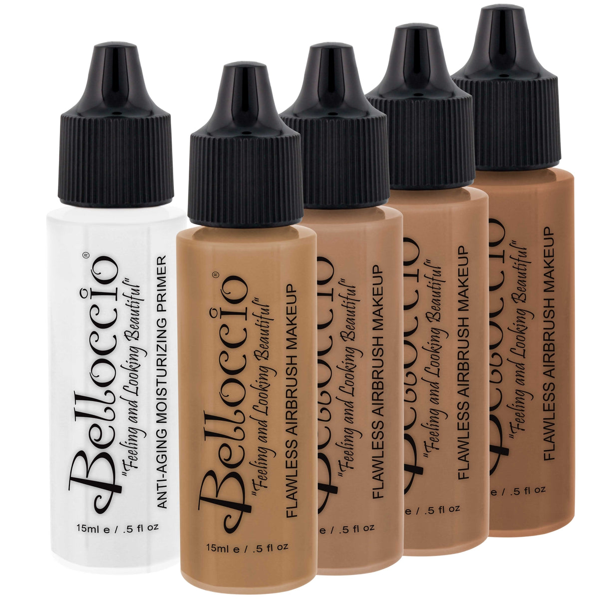 Airbrush Foundation Set for Tan Skin Tones – 4 1/2 oz Foundations + Anti-Aging Primer & Sunless Tanner