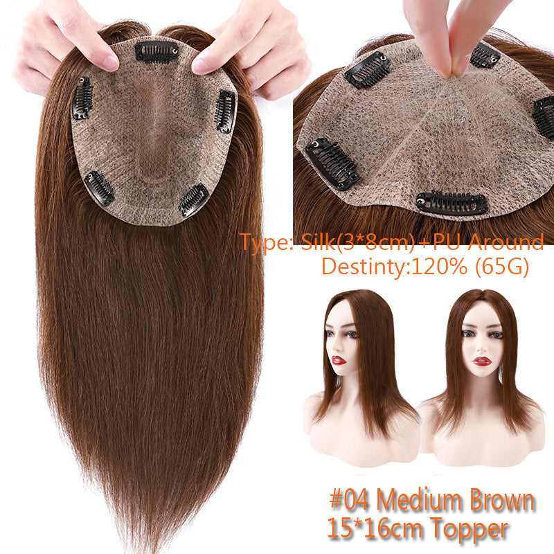 Remy Human Hair Topper with Silk Base Clip-In Hairpiece for Volume & Coverage