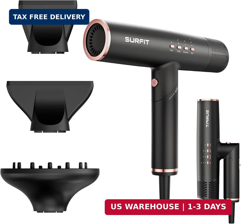 Foldable Travel Hair Dryer with Diffuser - Ionic, Fast Drying, 110,000 RPM