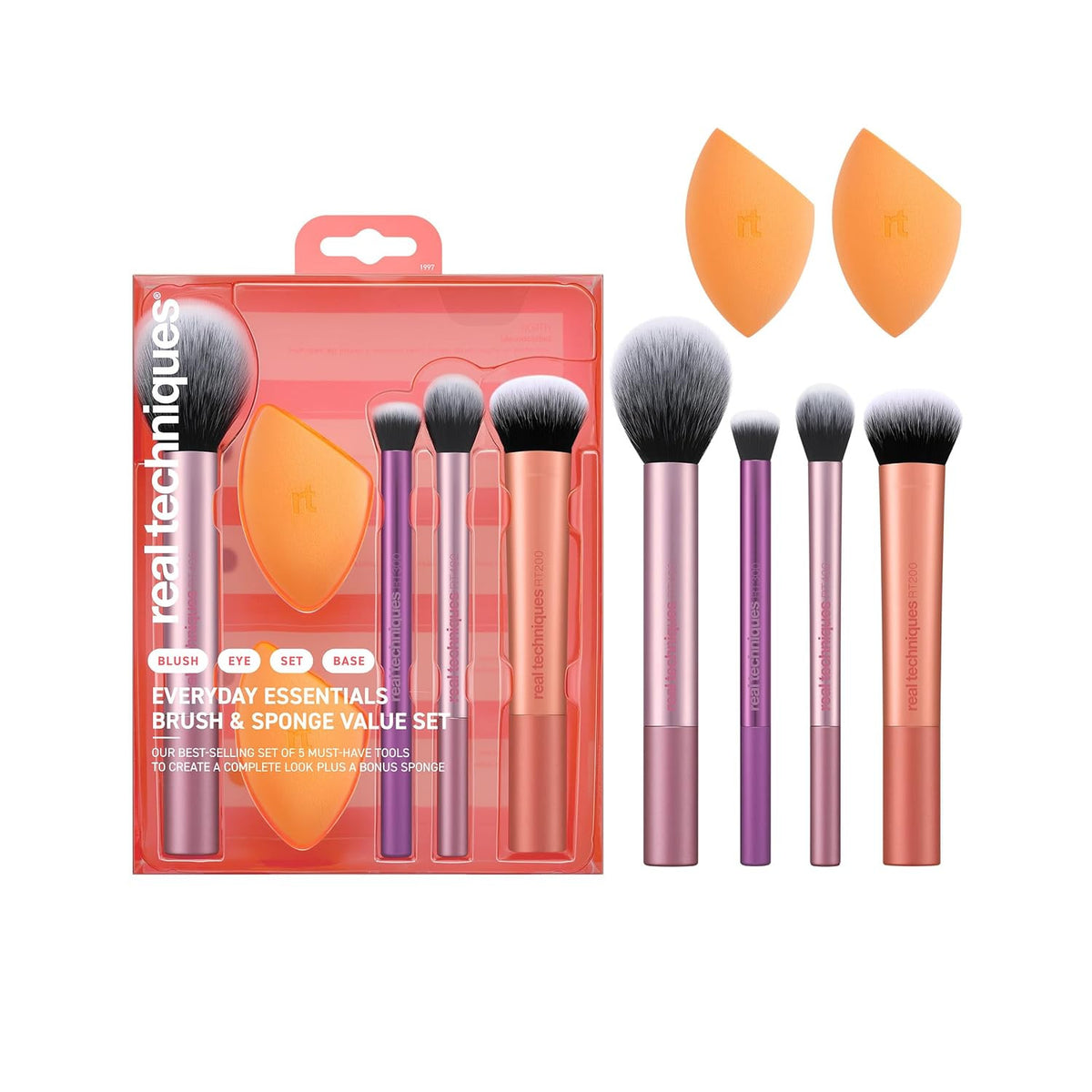 6 Piece Makeup Brush Set with Sponges for Face & Eyes - Vegan Cruelty-Free
