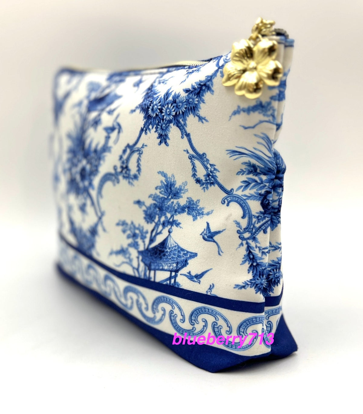 2-Piece Makeup Bag Set with Blue Flower and Bird Print, Zipper Closure