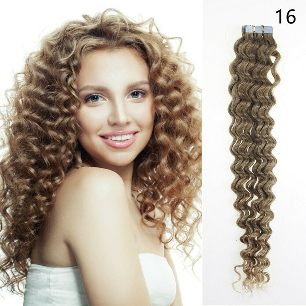 Remy Human Hair Extensions Seamless Tape-In Wefts 18 Inch Curly & Straight