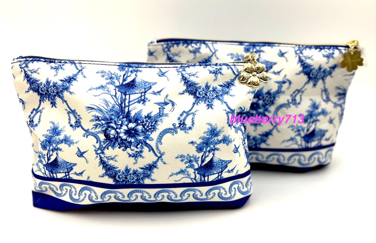 2-Piece Makeup Bag Set with Blue Flower and Bird Print, Zipper Closure
