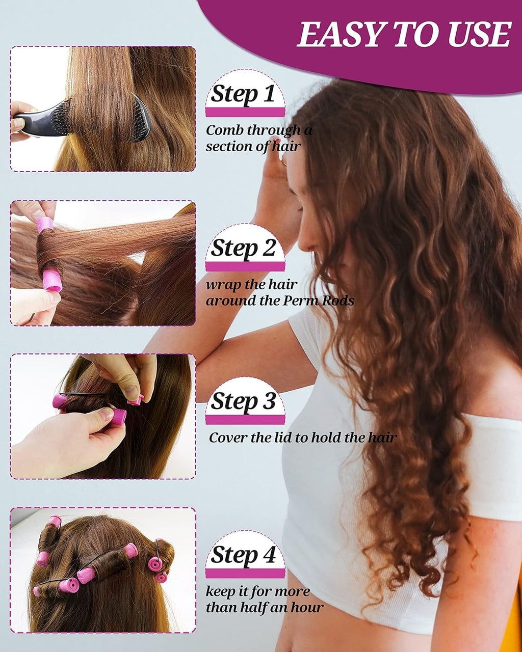 60 Purple Hair Perm Rollers for Natural Hair, Reusable & Safe