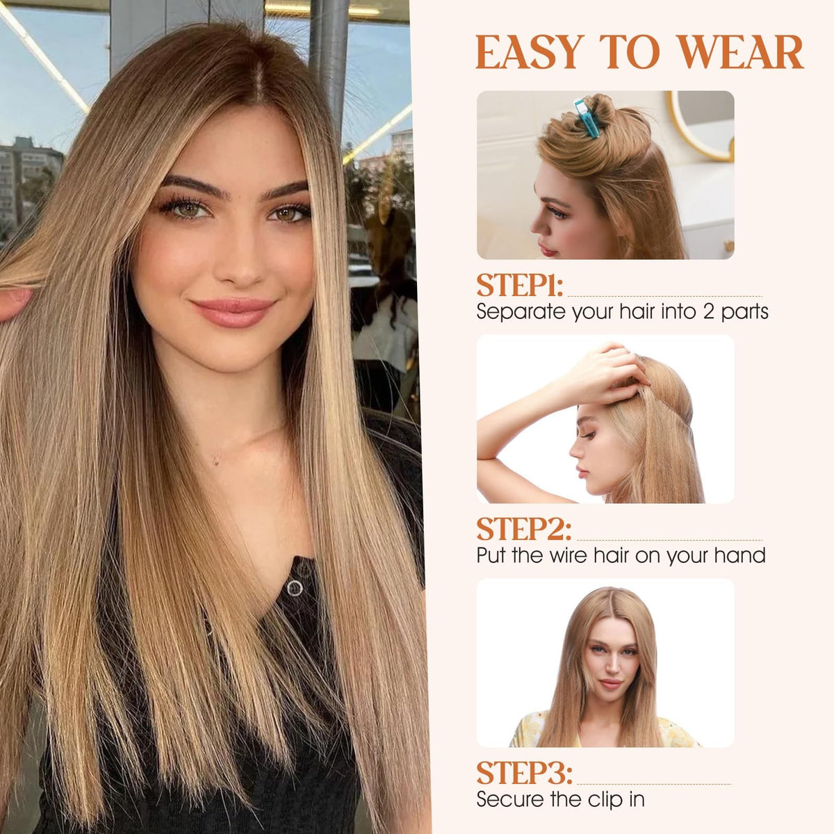 Wire Hair Extensions 16 Inch Medium Brown Dark Blonde Human Hair Voluminous Length