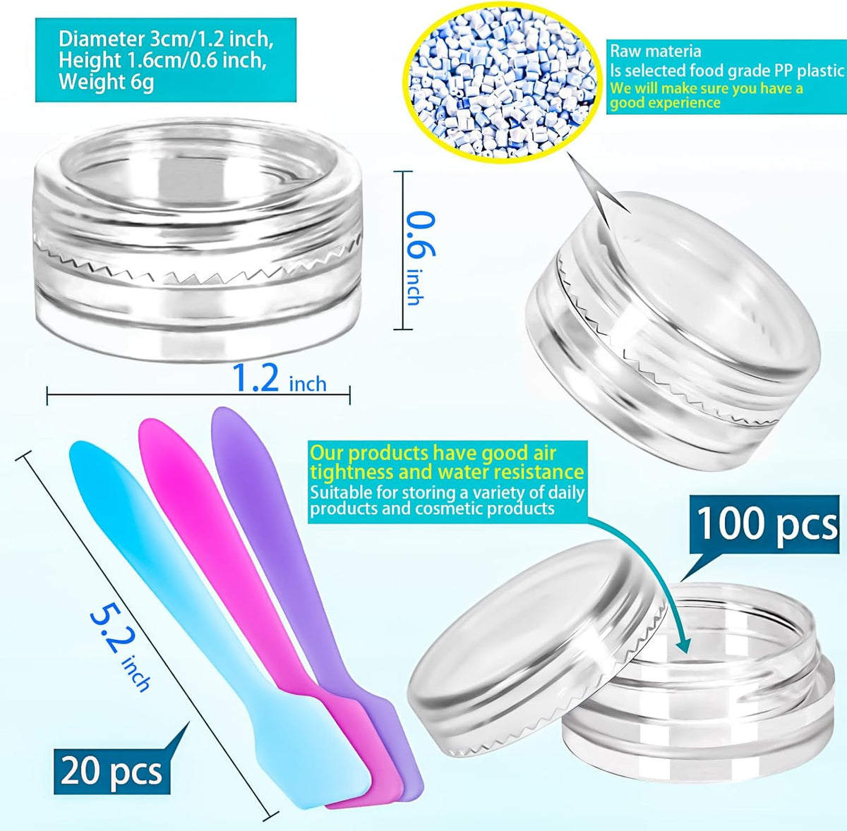 100 Pcs 3G Reusable Plastic Cosmetic Sample Jars with Lids & Spatulas