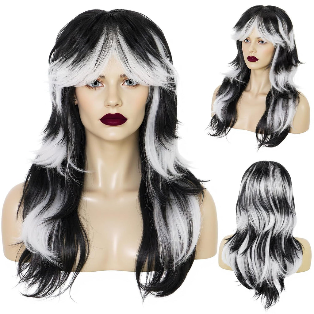 Long Black and White Gradient Wavy Wigs for Cosplay and Halloween
