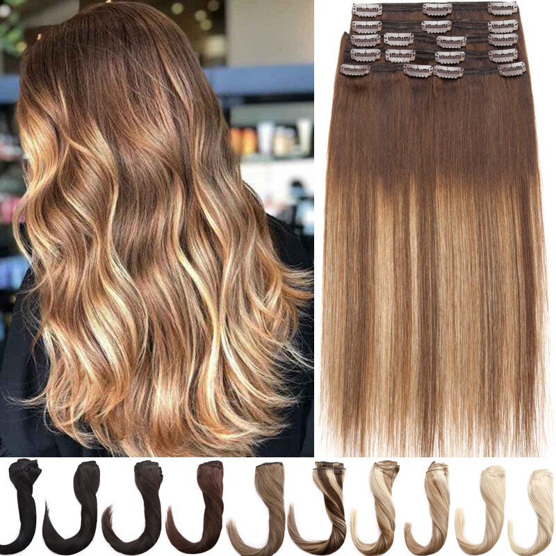 Thick Human Hair Clip-In Extensions Full Head Double Weft Remy Hair