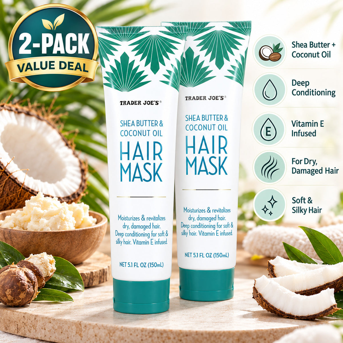 2-Pack Shea Butter Coconut Oil Hair Mask for Deep Conditioning - 5.1 oz