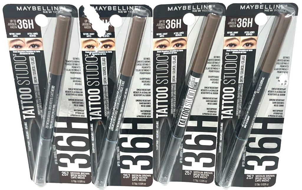 Maybelline Tattoo Studio Brow Pencil - Sealed, 0.026 oz, Medium Brown (4 Pack)