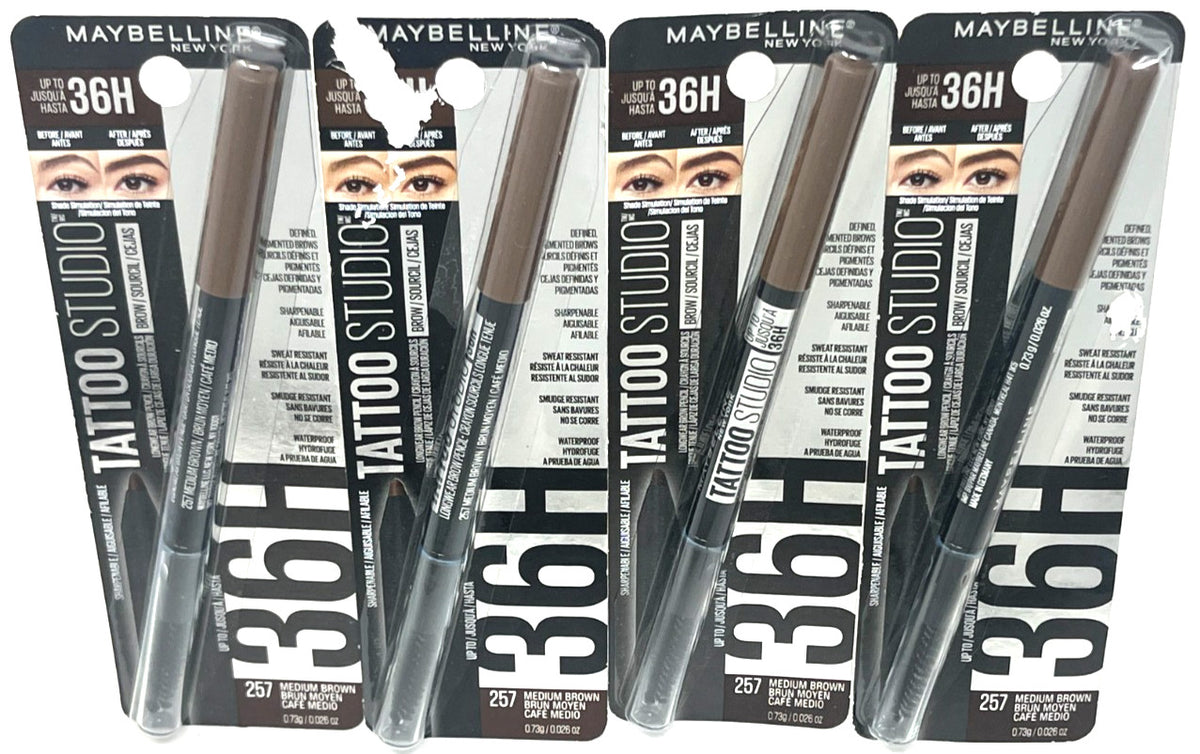 Maybelline Tattoo Studio Brow Pencil - Sealed, 0.026 oz, Medium Brown (4 Pack)