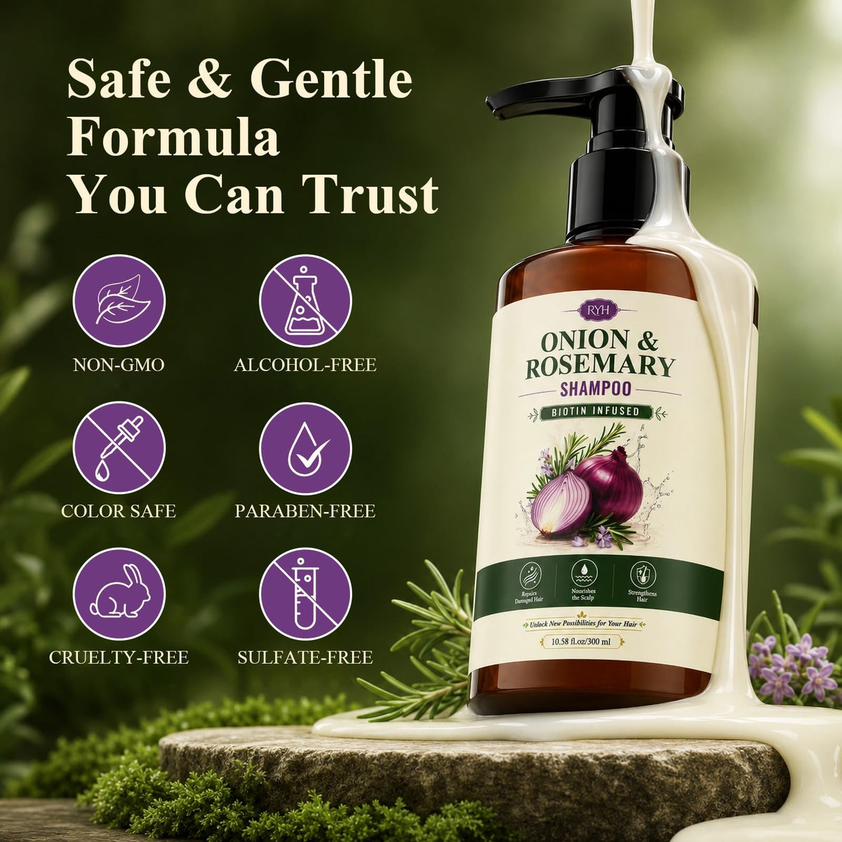Onion Hydrosol Shampoo for Hair Growth with Biotin & Rosemary - Natural Hair Thickening Cleanser