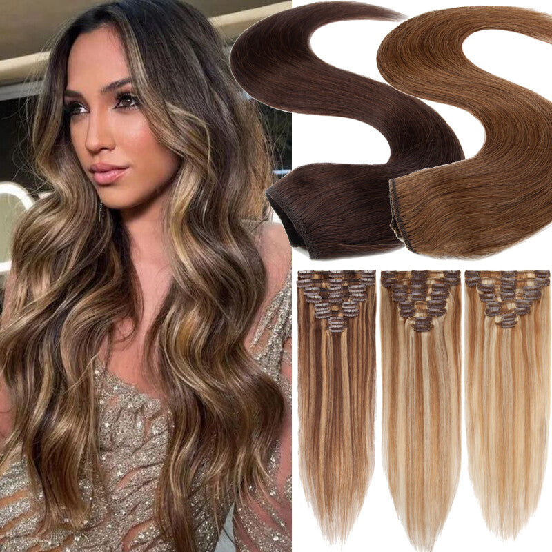 Balayage Clip-In Human Hair Extensions - Full Head Set, 8 Pieces, 12-24 Inches