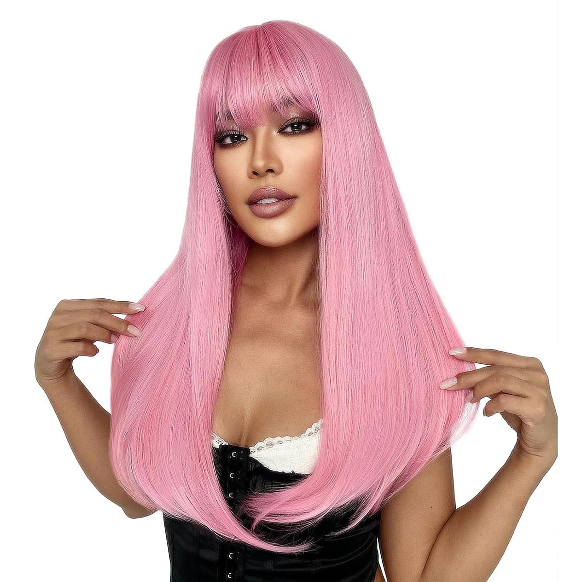 Pink Wig with Bangs - Long Straight 22 Inch Synthetic Hair for Women
