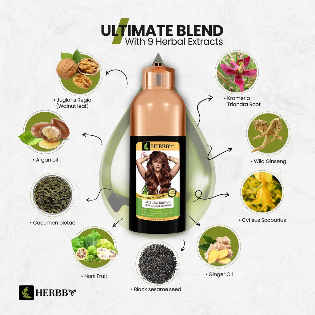 Hair Color Shampoo for Gray Coverage & Herbal Dye - 500ml Auburn Brown
