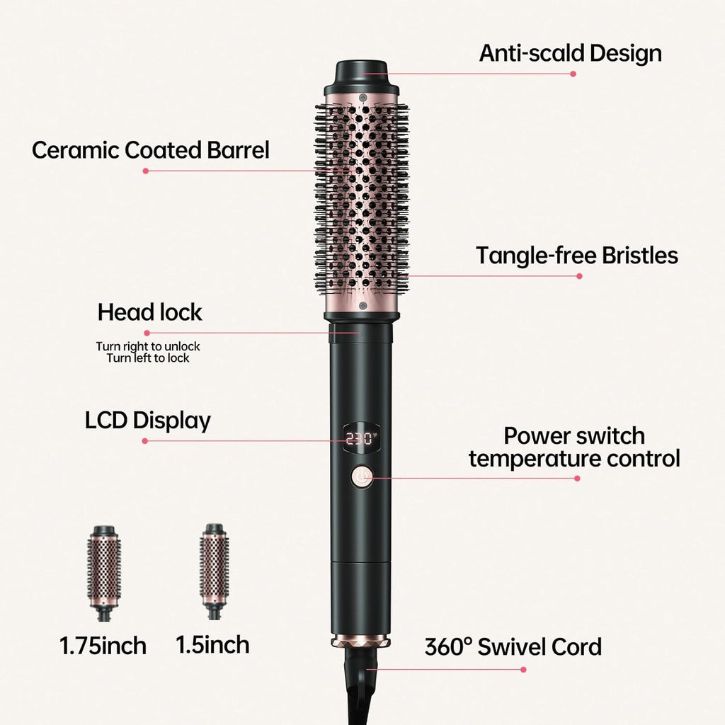 2-in-1 Negative Ion Heated Hair Brush with Curling Iron Attachments – 1.5 & 1.75 Inch