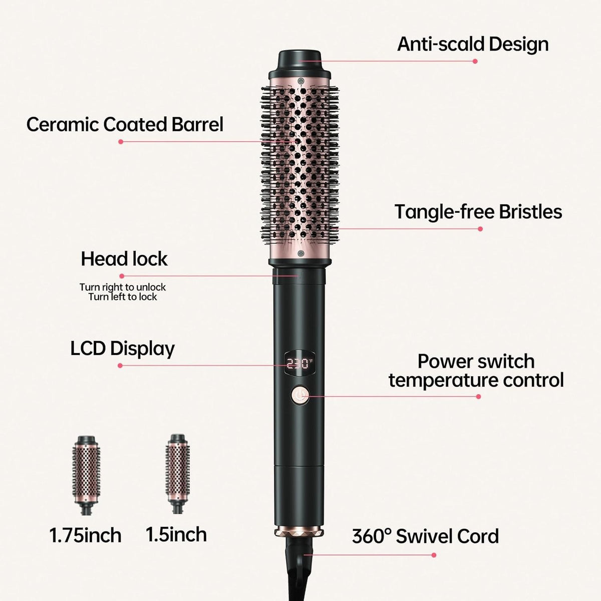 2-in-1 Negative Ion Heated Hair Brush with Curling Iron Attachments – 1.5 & 1.75 Inch