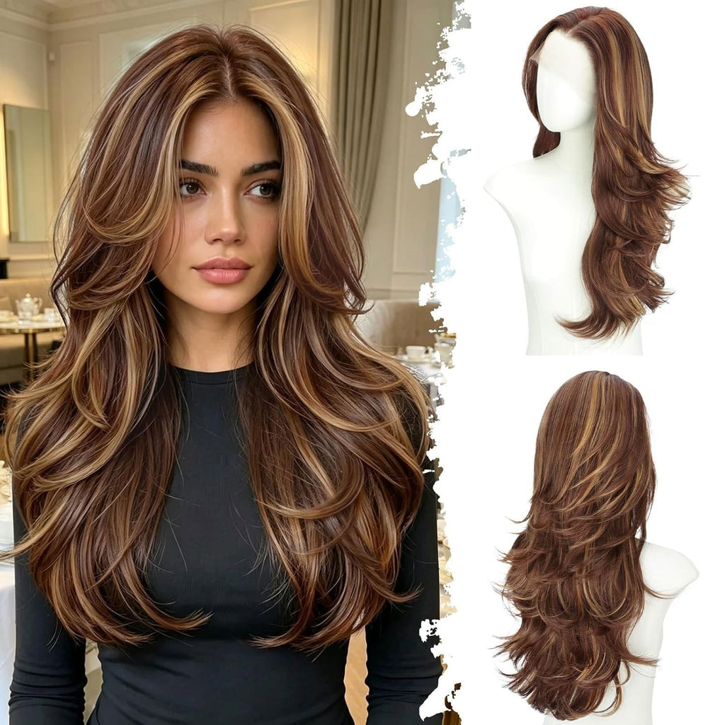 13x4 Lace Front Wig with Feathered Layers - Natural Look, Brown Highlights, 26 Inch