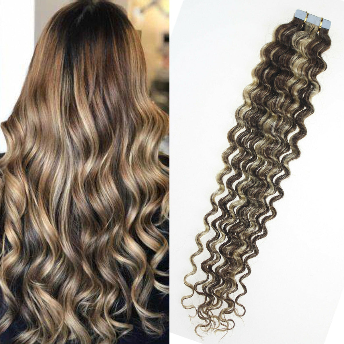 Remy Human Hair Extensions Seamless Tape-In Wefts 18 Inch Curly & Straight