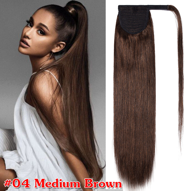 Clip-In Human Hair Ponytail Extensions Wrap Around Thick Hairpiece