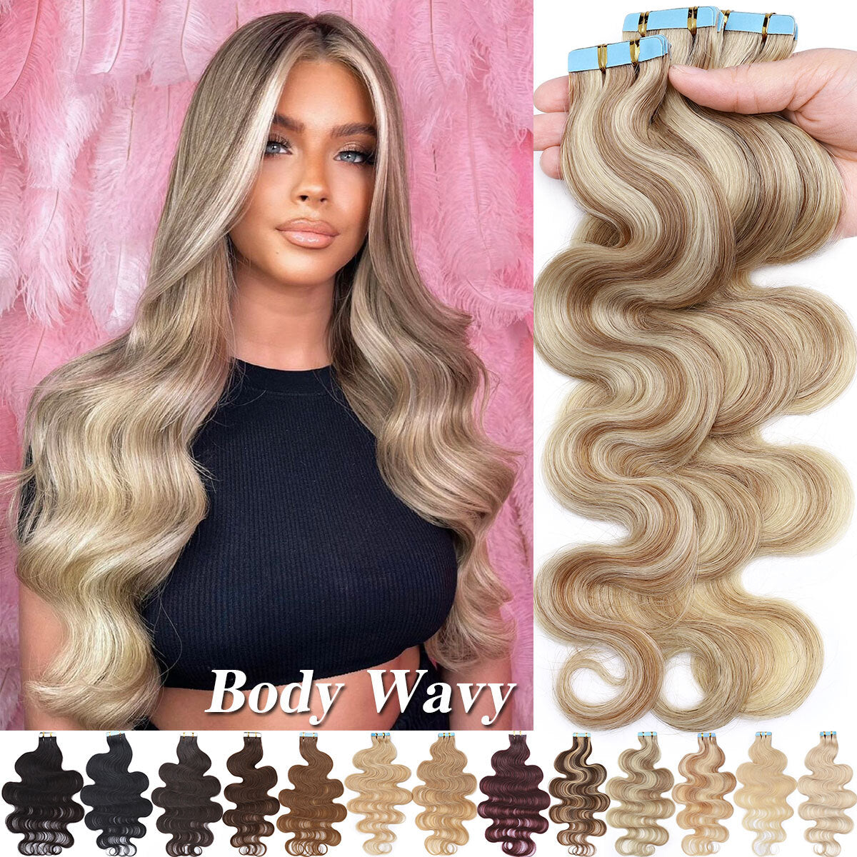 Russian Tape-In Human Hair Extensions - 100% Remy Body Wave, Multiple Colors & Lengths