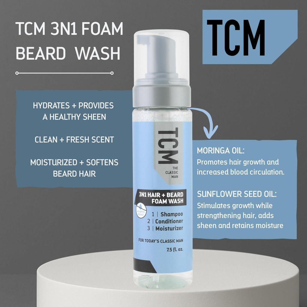 3-in-1 Beard Foam Wash Shampoo Conditioner No-Rinse 7.5 oz for Men
