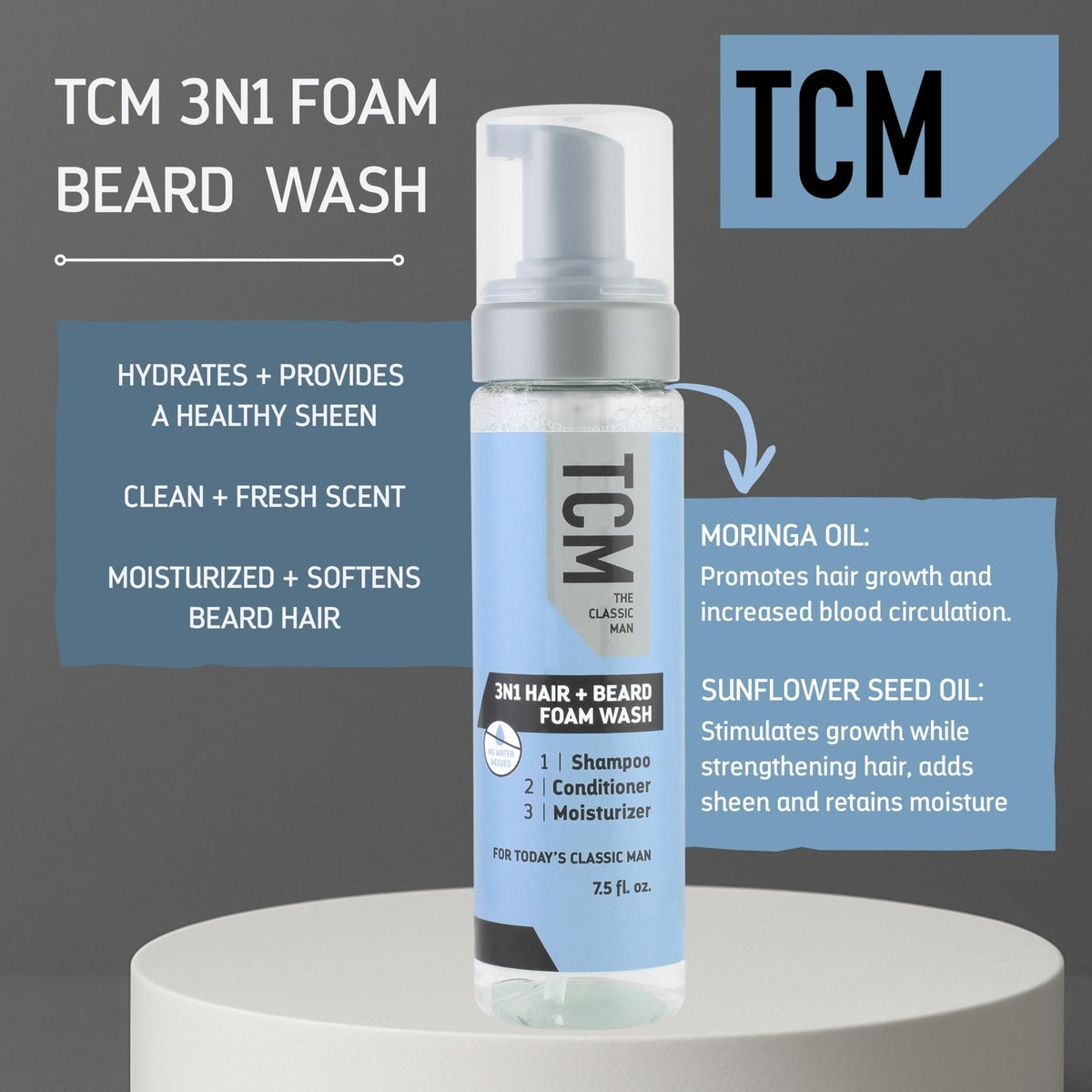 3-in-1 Beard Foam Wash Shampoo Conditioner No-Rinse 7.5 oz for Men