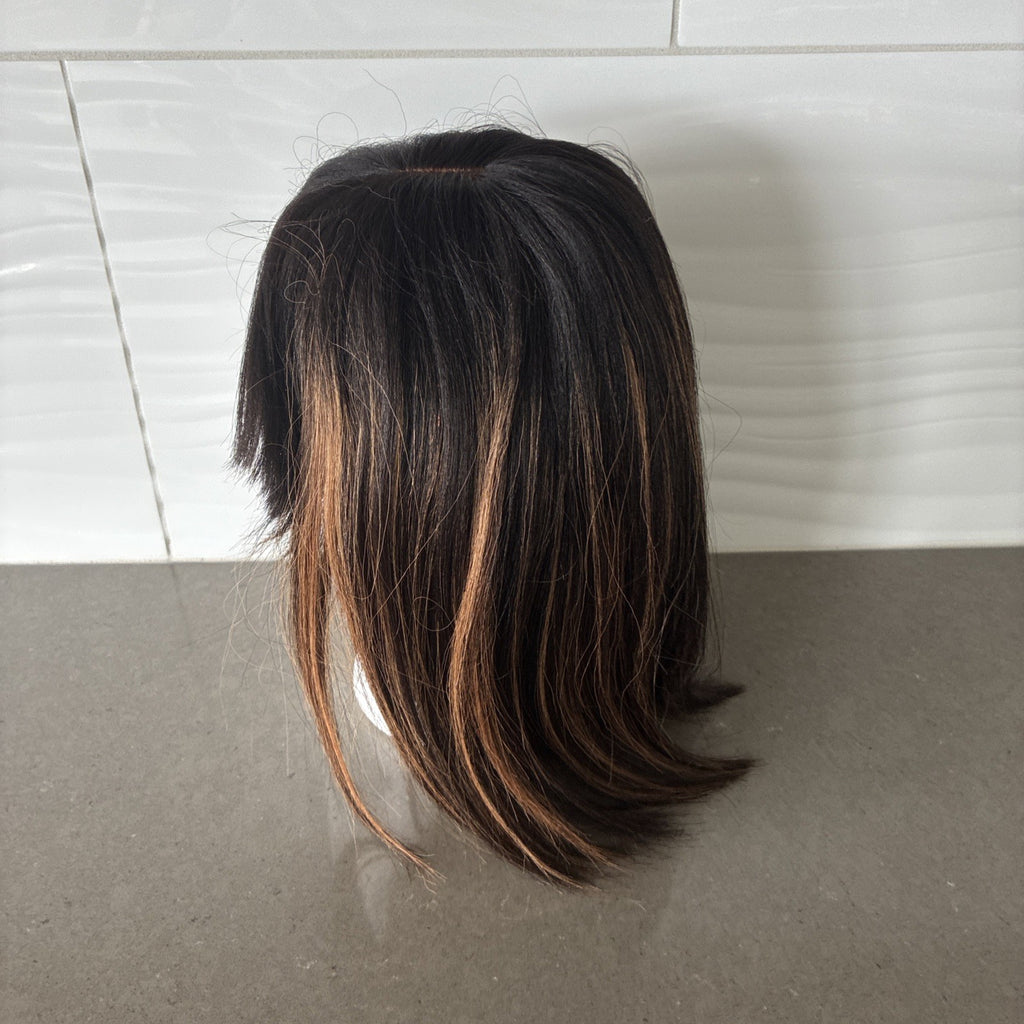 Brown Highlight Yaki Bob Wig with Bangs - Glueless Lace Cap, Medium Size