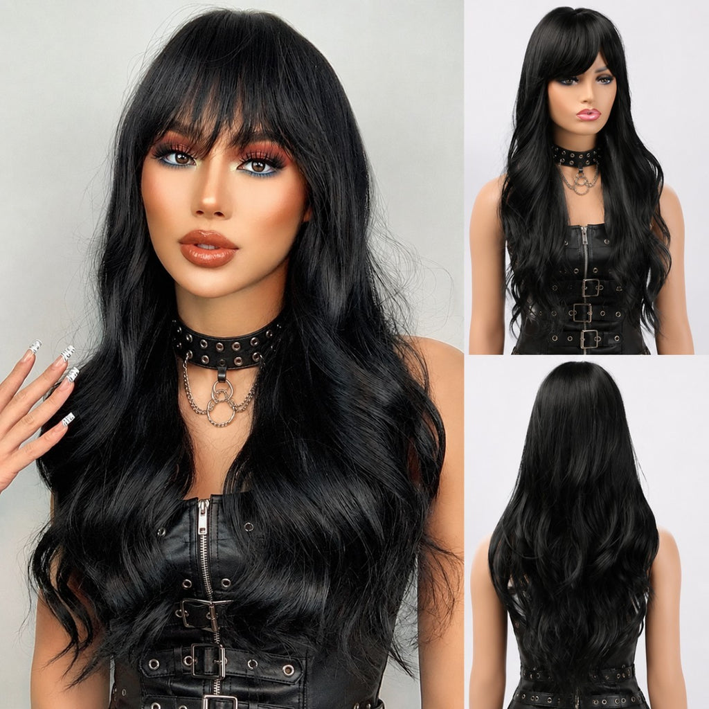 Long Wavy Black Synthetic Wig with Fringe for Cosplay & Costume